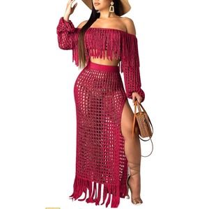 ECHOINE Womens XL 2 Piece Off THE SHOULDER SKIRT SET High Split BIKINI COVER UP